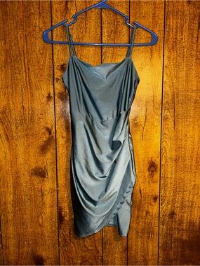 Mind Code Teal Satin Drape Mini Dress
